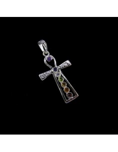 Colgante Cruz Egipcia con Minerales de los Chakras - Baño de Plata 2