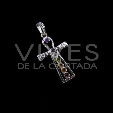 Cruz Egípcia com Pingente de Minerais Chakra - Banhado a Prata