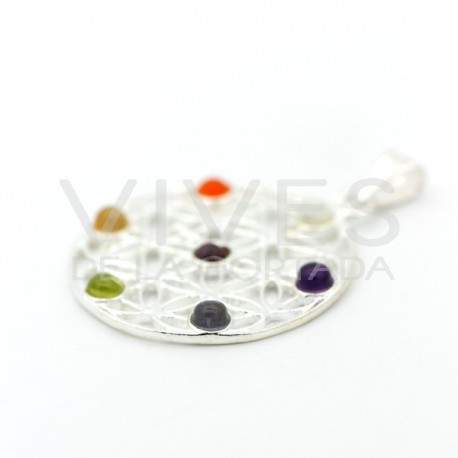 Colgante flor de la vida con minerales chakras (baño de plata)