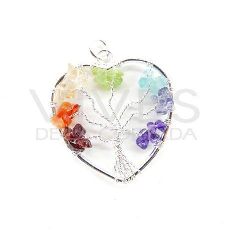 Pendentif Coeur avec chakras de l'arbre de vie - Bain d'argent