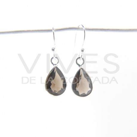Earrings of Quartz Smoky Faceted Teardrop Big - Sterling Silver 925